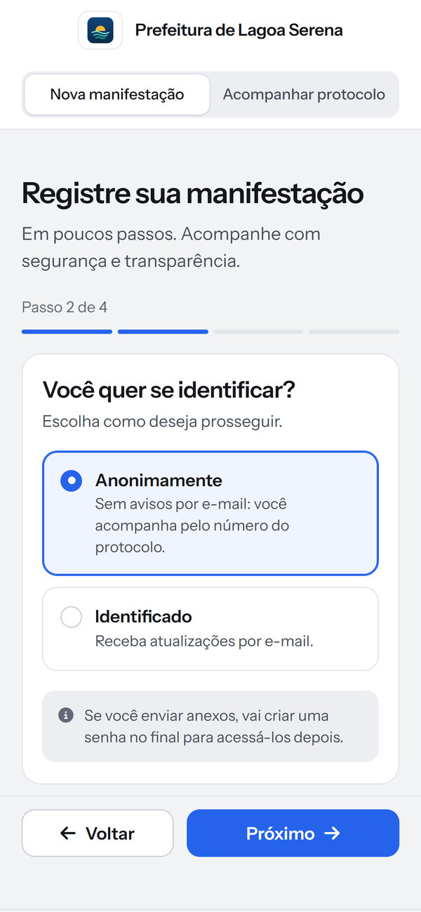 Segundo passo: escolha entre anônimo e identificado