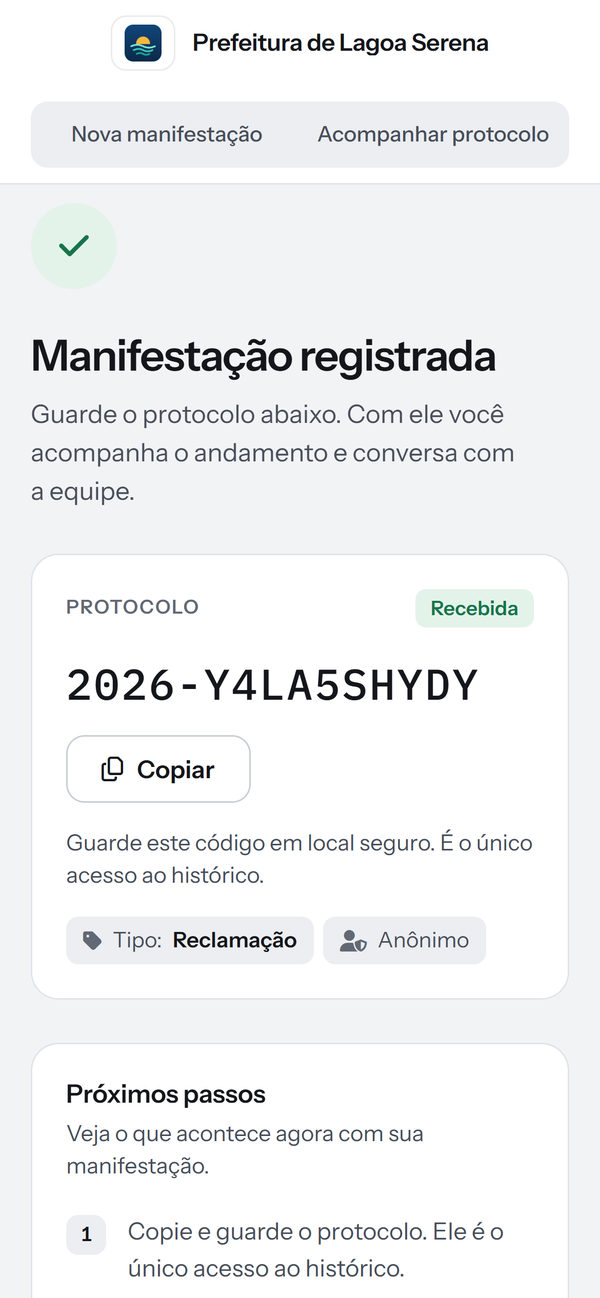 Protocolo gerado na hora, no celular