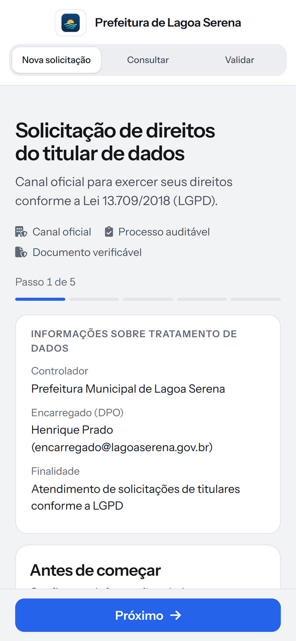 Primeiro passo do pedido: controlador, encarregado e finalidade
