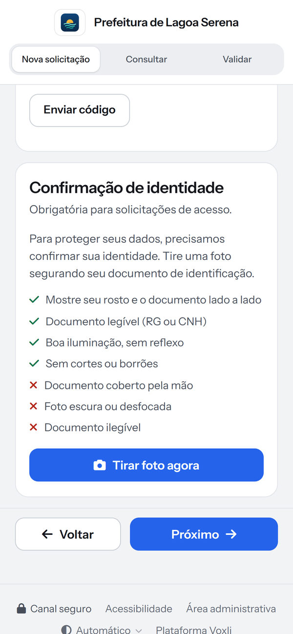 Confirmação de identidade: selfie segurando o documento, obrigatória para o acesso