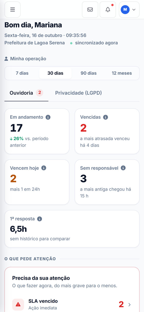 Command Center no celular, com os números do dia