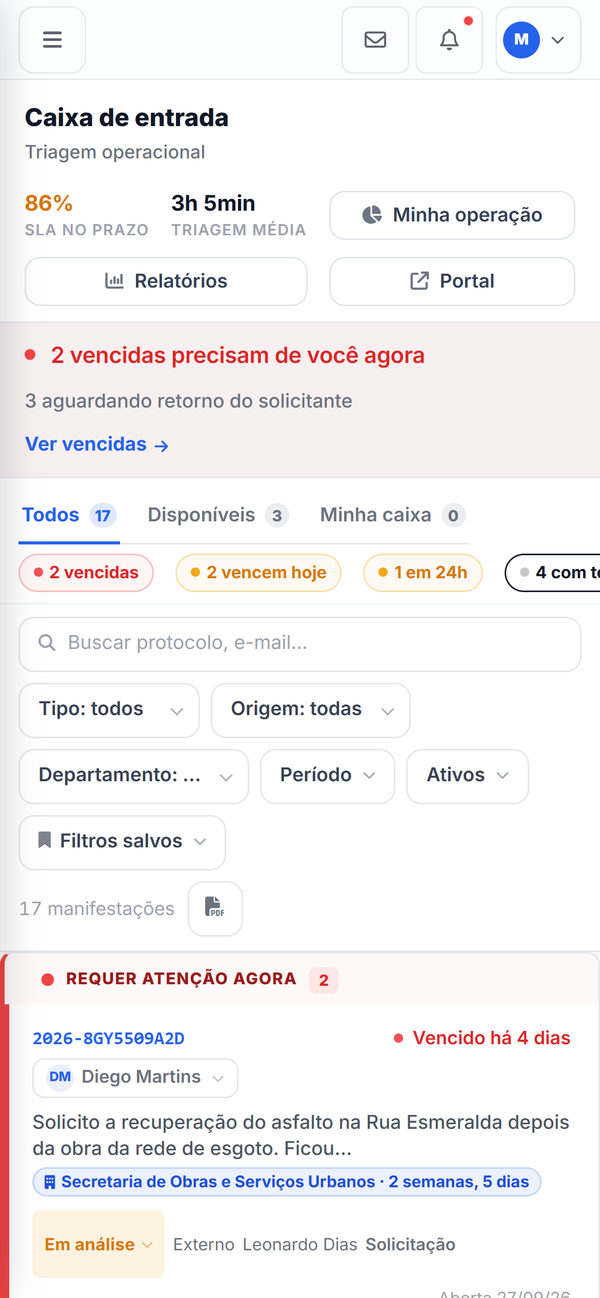 Caixa de entrada no celular, com os filtros por prazo