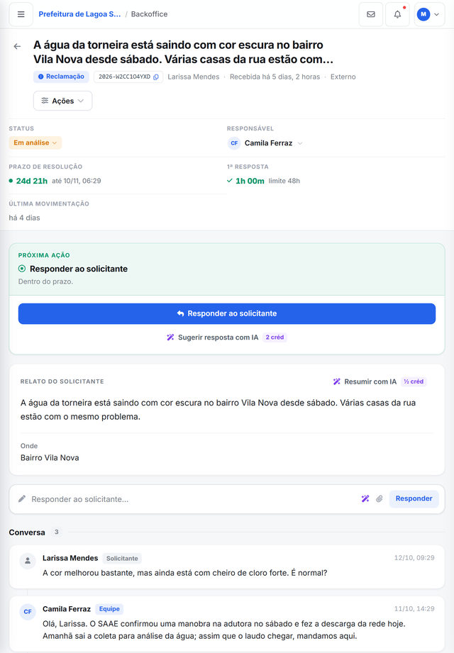 Manifestação aberta no tablet, com a próxima ação em destaque