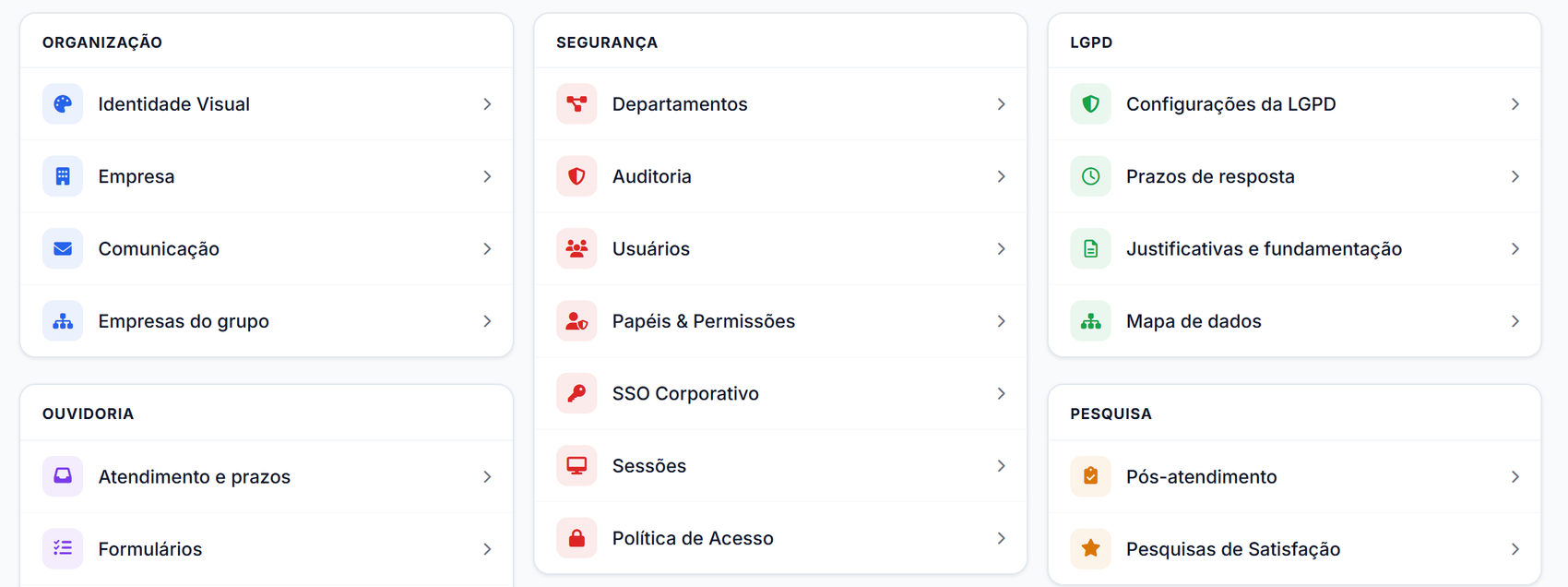 Configurações organizadas por área: organização, segurança, LGPD, ouvidoria, pesquisa e plataforma