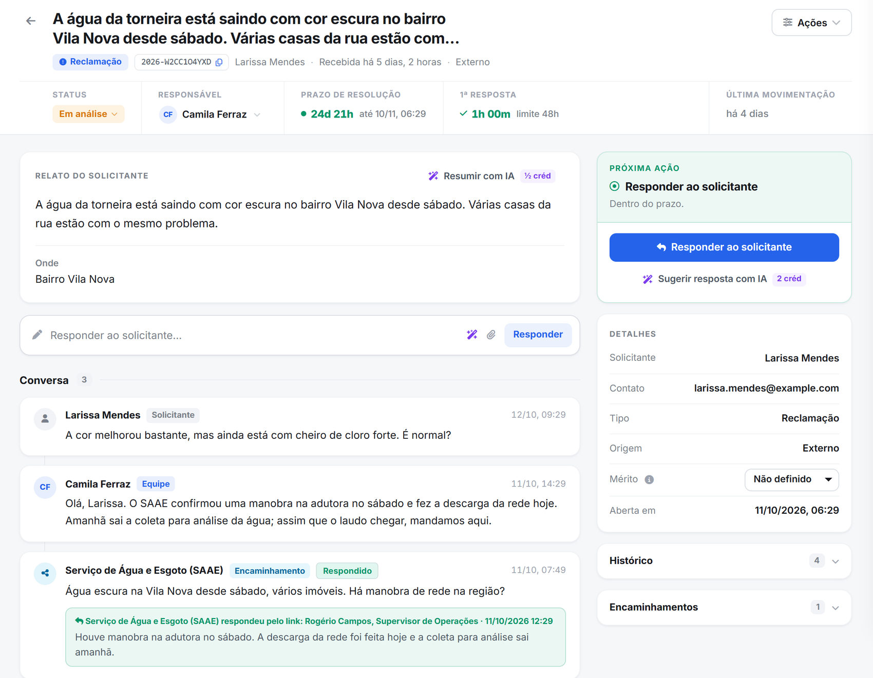 Manifestação aberta: prazo, relato, conversa e encaminhamento respondido pelo setor