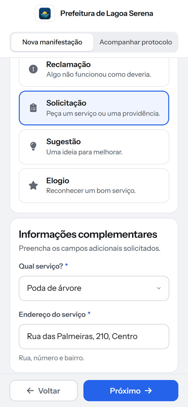 Formulário no celular: Solicitação escolhida, com o serviço e o endereço preenchidos