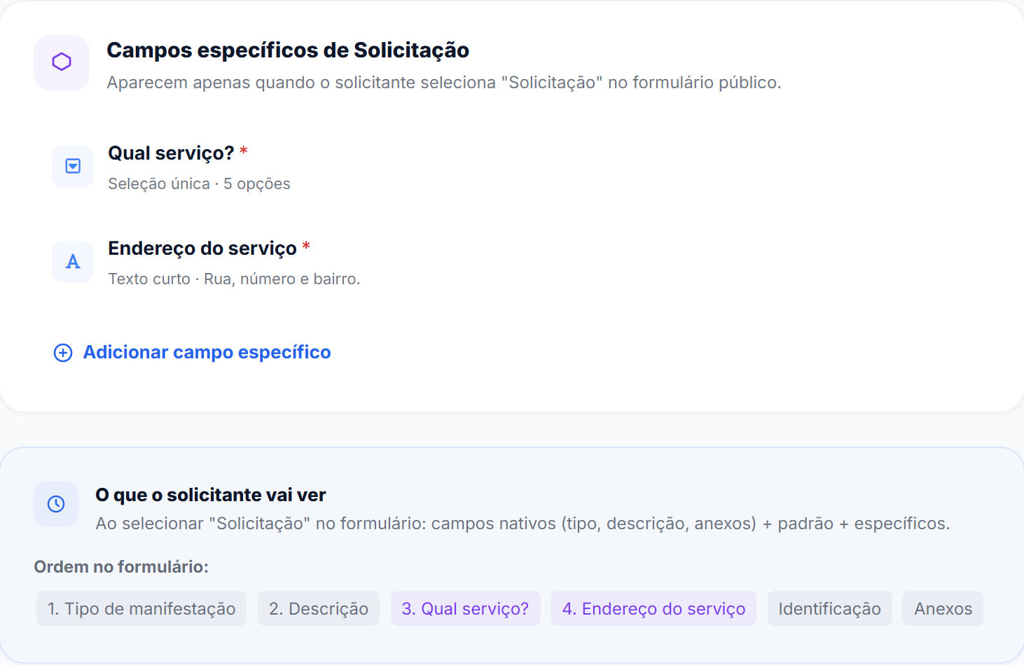 Formulários: os campos específicos de Solicitação e a ordem em que aparecem para quem registra