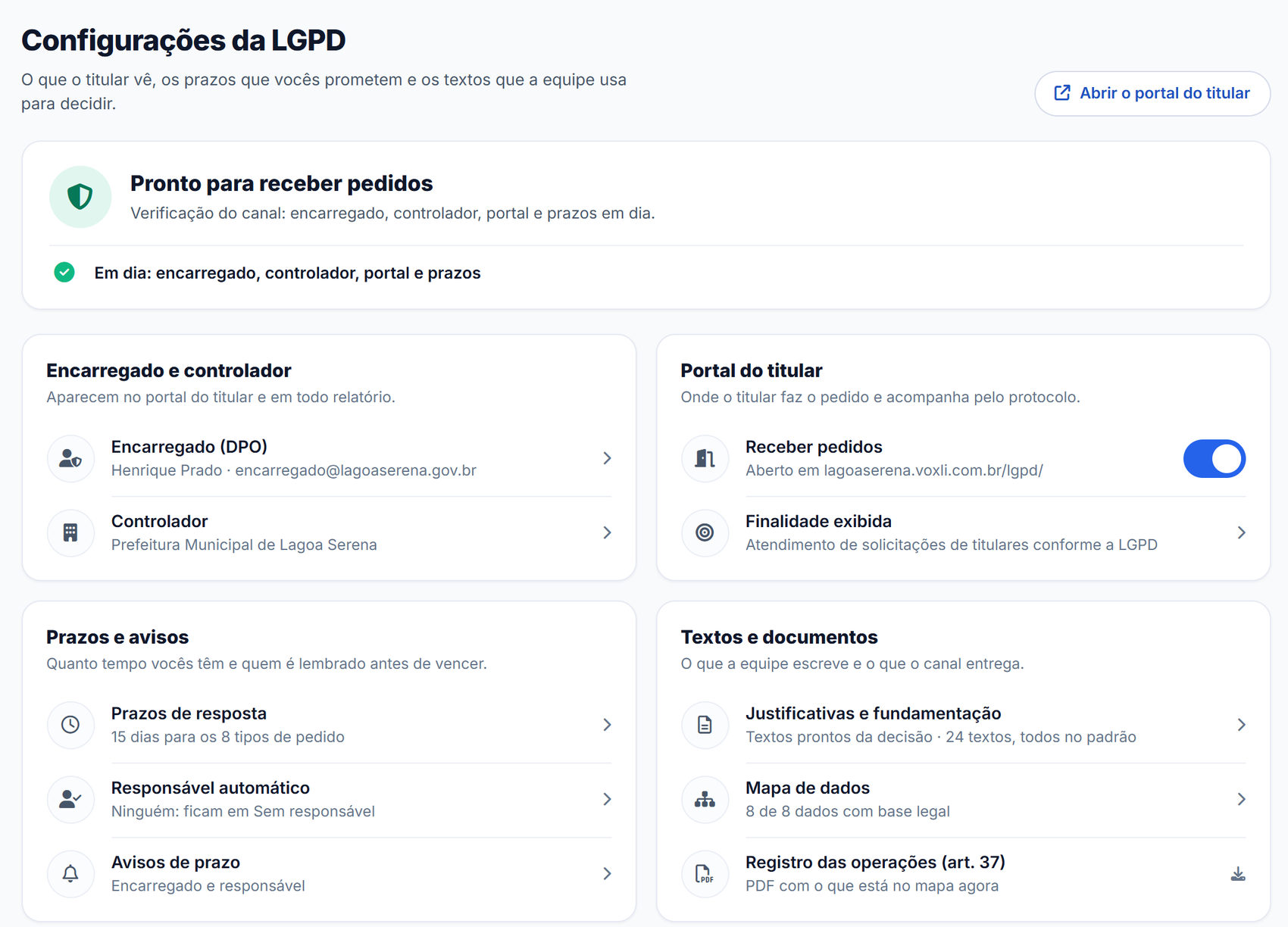 Configurações da LGPD: canal pronto para receber pedidos, encarregado, portal, prazos e textos prontos