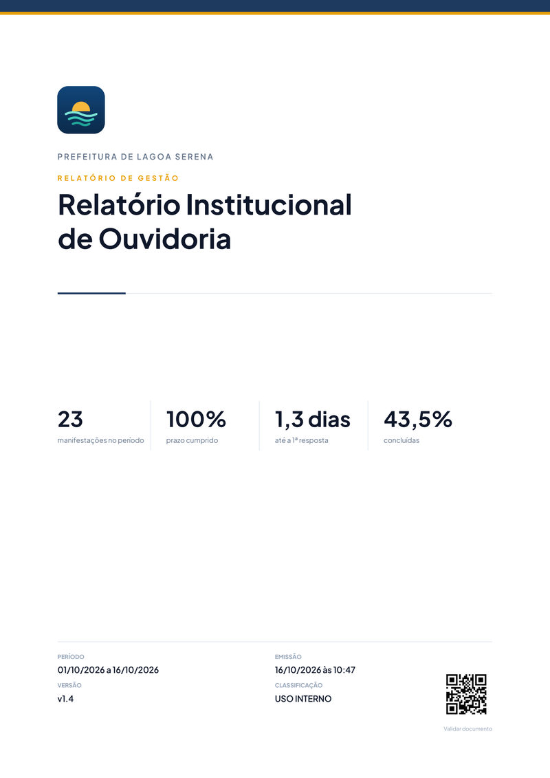 Capa do relatório institucional com os números do período e o QR de validação